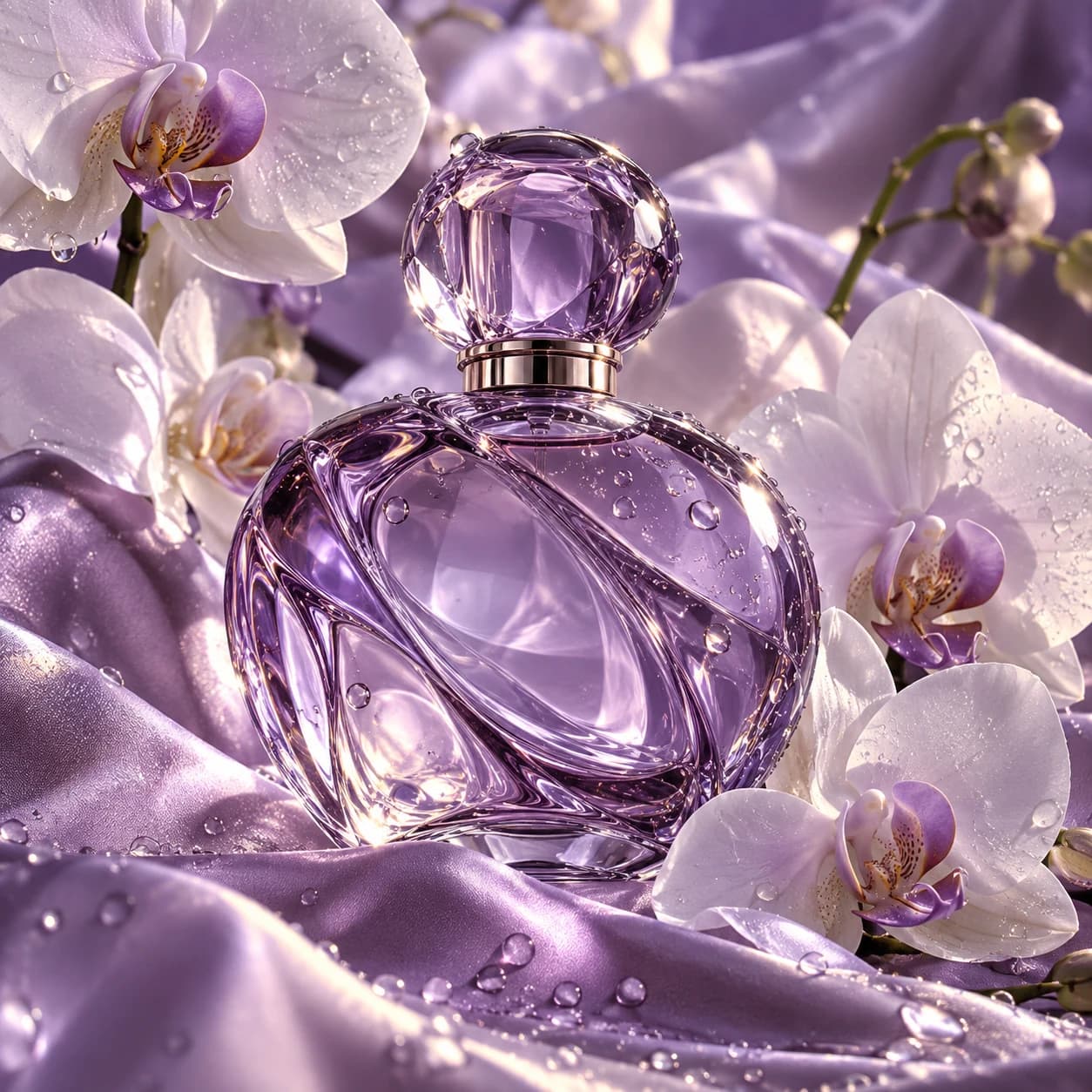 A violet fragrance bottle on lilac silk with white orchids
