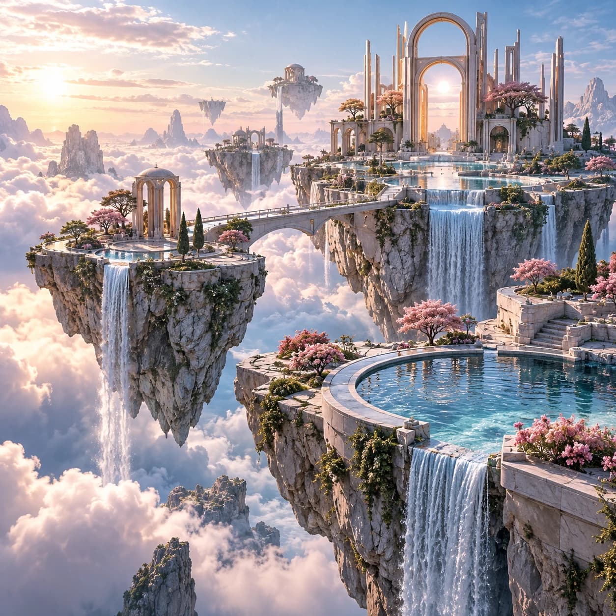 Floating stone terraces connected by tiny waterfalls in a pastel sky