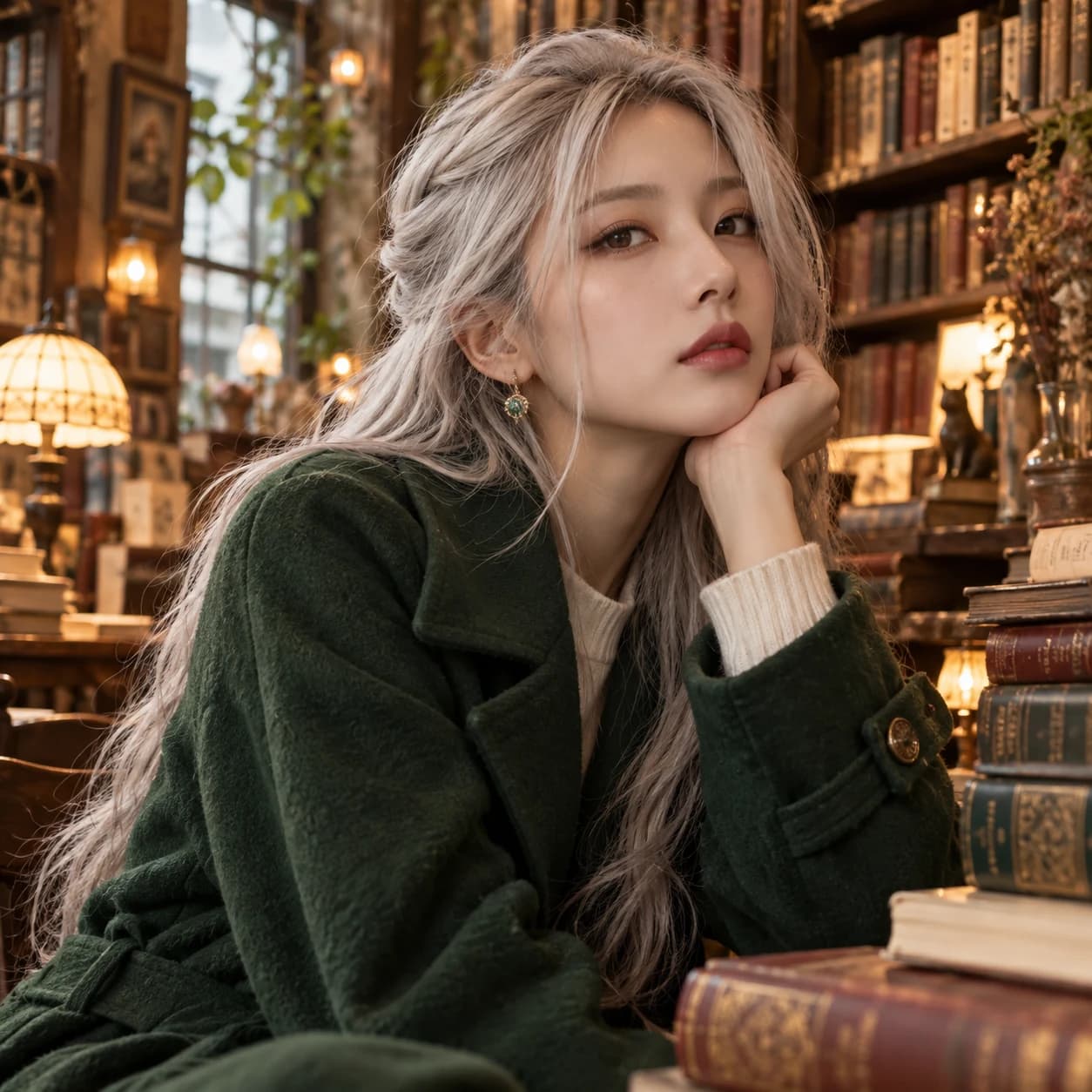 A silver-haired woman in a forest green coat in a warm bookshop