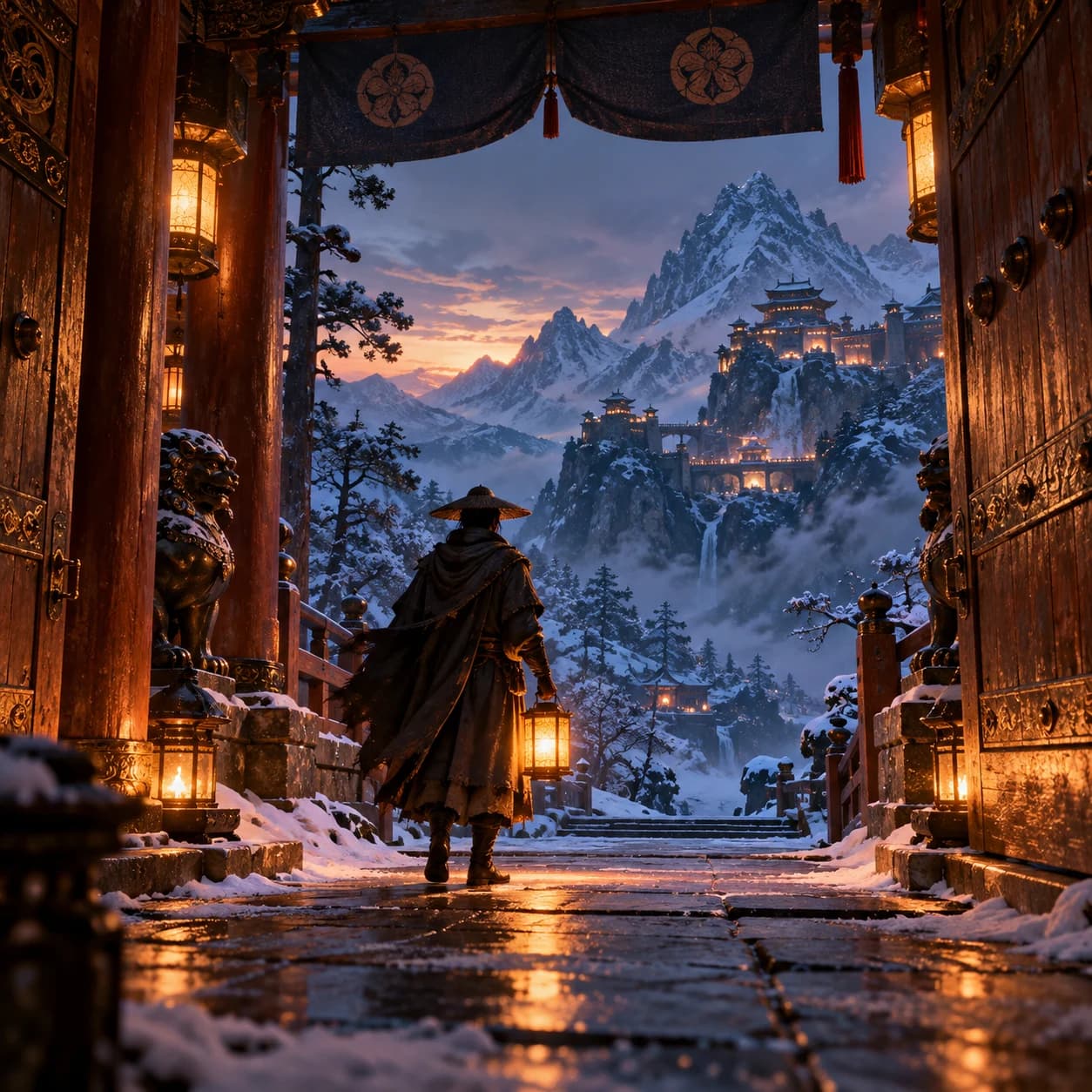 A lantern-bearing traveler in a snowy monastery doorway