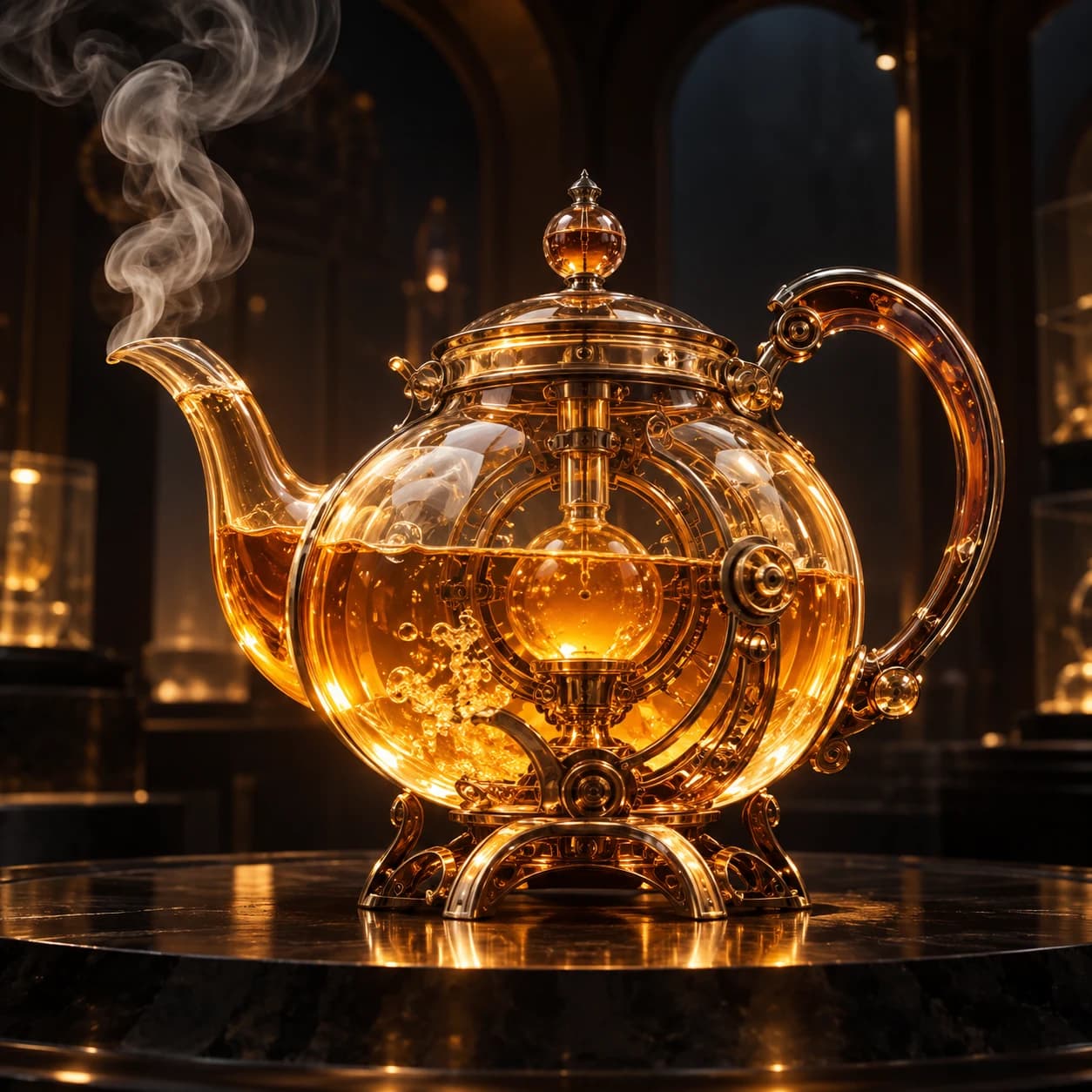 A luminous amber mechanical teapot in a dark gallery