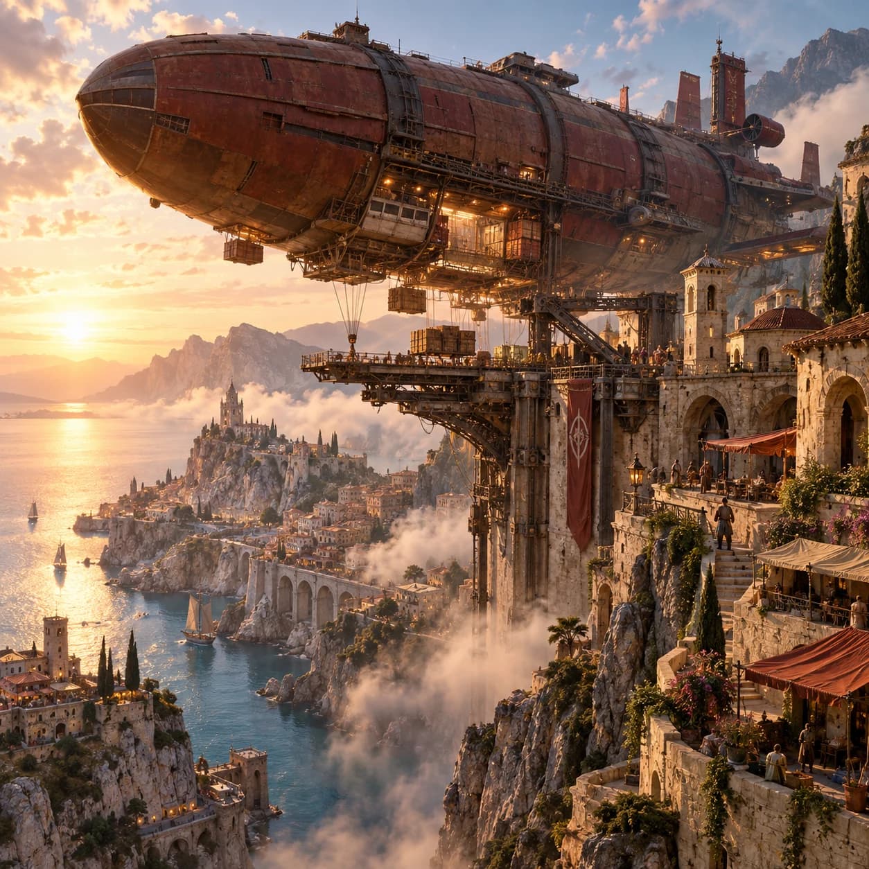 A rust-red cargo airship docking at a cliffside town at sunrise